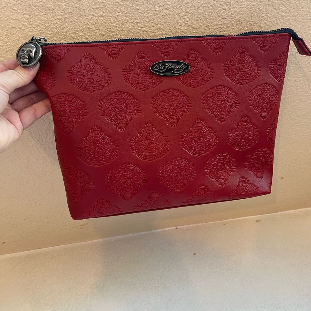 Ed Hardy Red Embossed Women's Makeup Cosmetic Bag